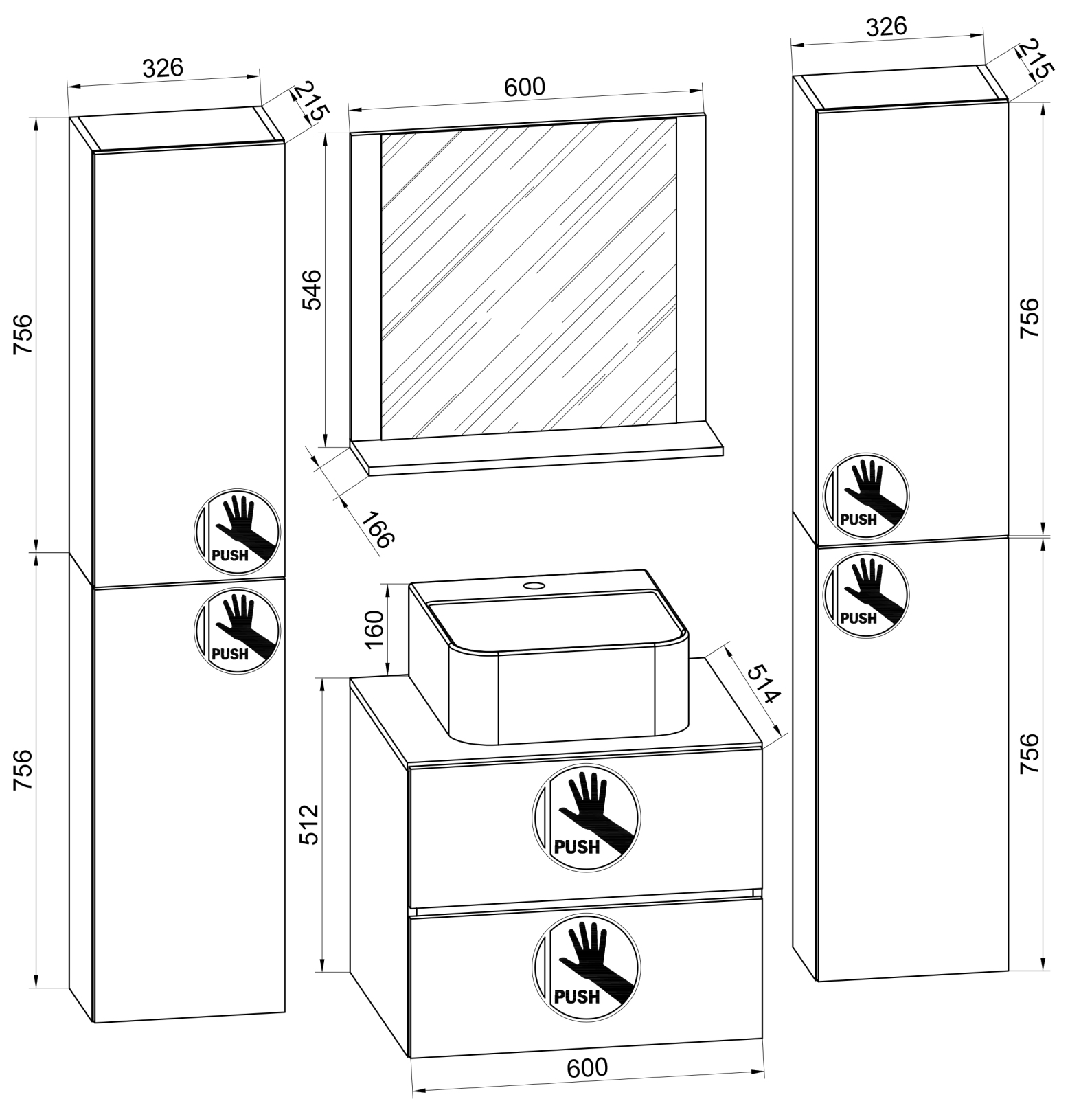5-tlg. Badmöbel-Set LENDAS BL XL - anthrazit-Honig Eiche - mit Spiegel