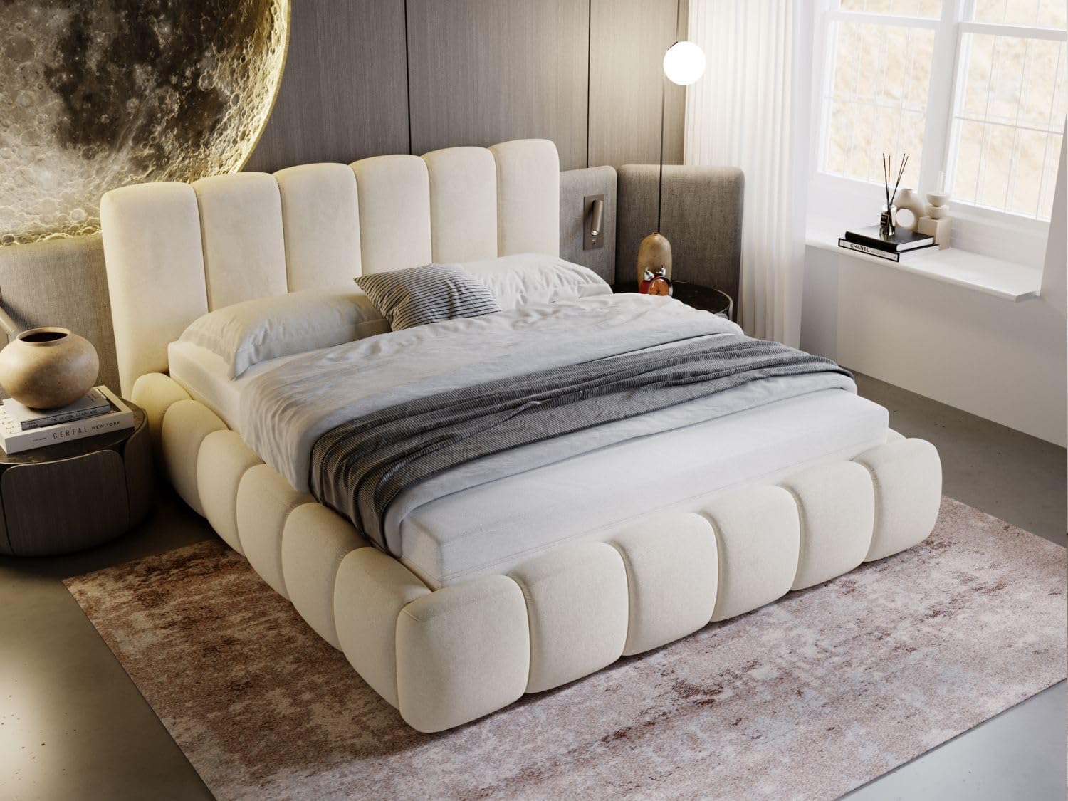 GRAINGOLD Cloud Bett 180x200, Polsterbett mit Bettkasten, Polsterbett mit Stauraum, Samt, mit Lattenrost, mit Kopfteil, ohne Matratze (Beige, 180x200)