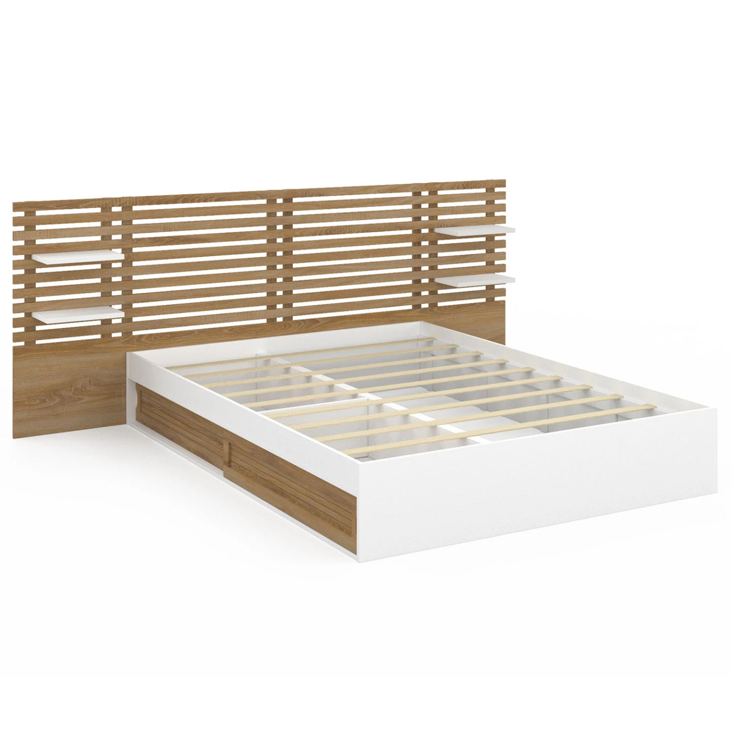 Lit double SAVANA avec tête de lit, chevets, rangements et sommier 140 x 190 cm hêtre et portes blanches