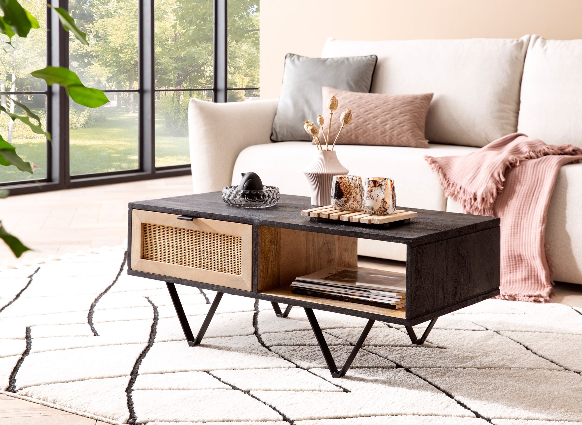 Couchtisch FineBuy Sofatisch Massivholz Rattan 90x45x37 cm Wohnzimmertisch Tisch