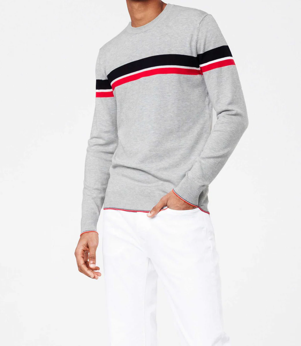 Pull gris chiné rayure sport