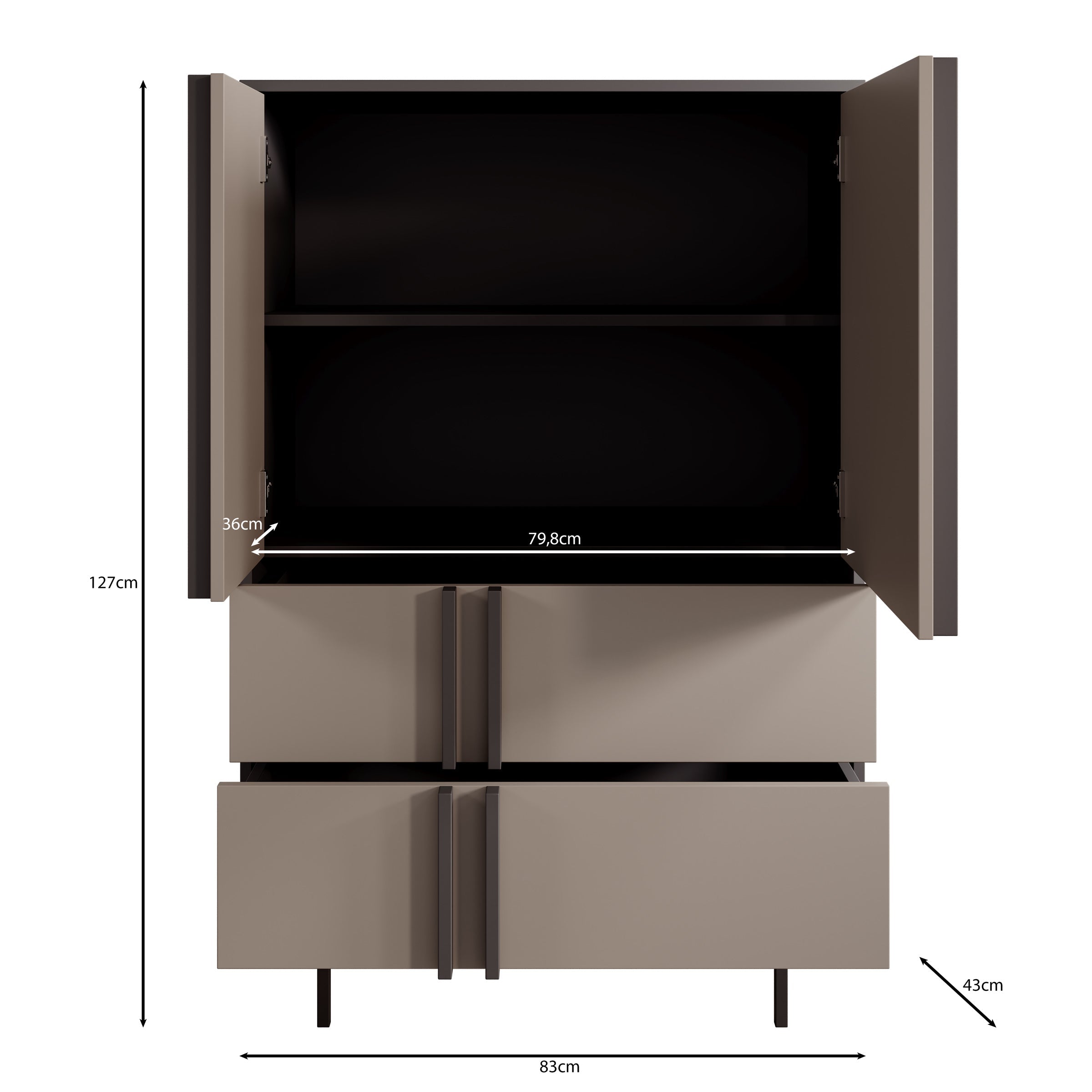 Meubella - Antigo - Dressoir - Eiken|Antraciet - 83x43x127 cm