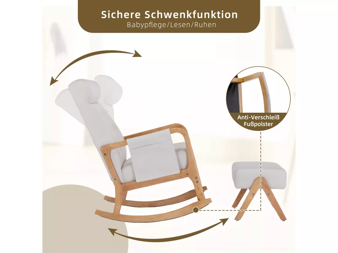 Fauteuil à bascule confortable avec ottoman, Rocking chair mousse avec rembourrage en lin, supporte 300 lb 65x85x94cm, Beige