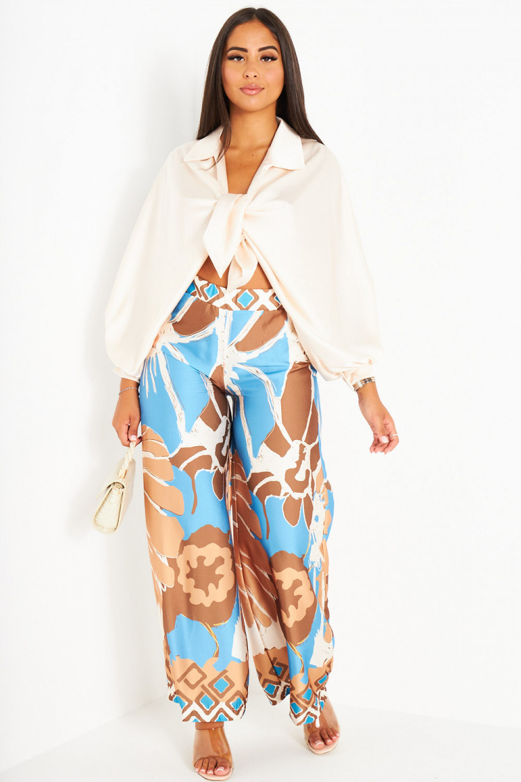 Ensemble 2 pièces chemise beige + pantalon bleu à motif