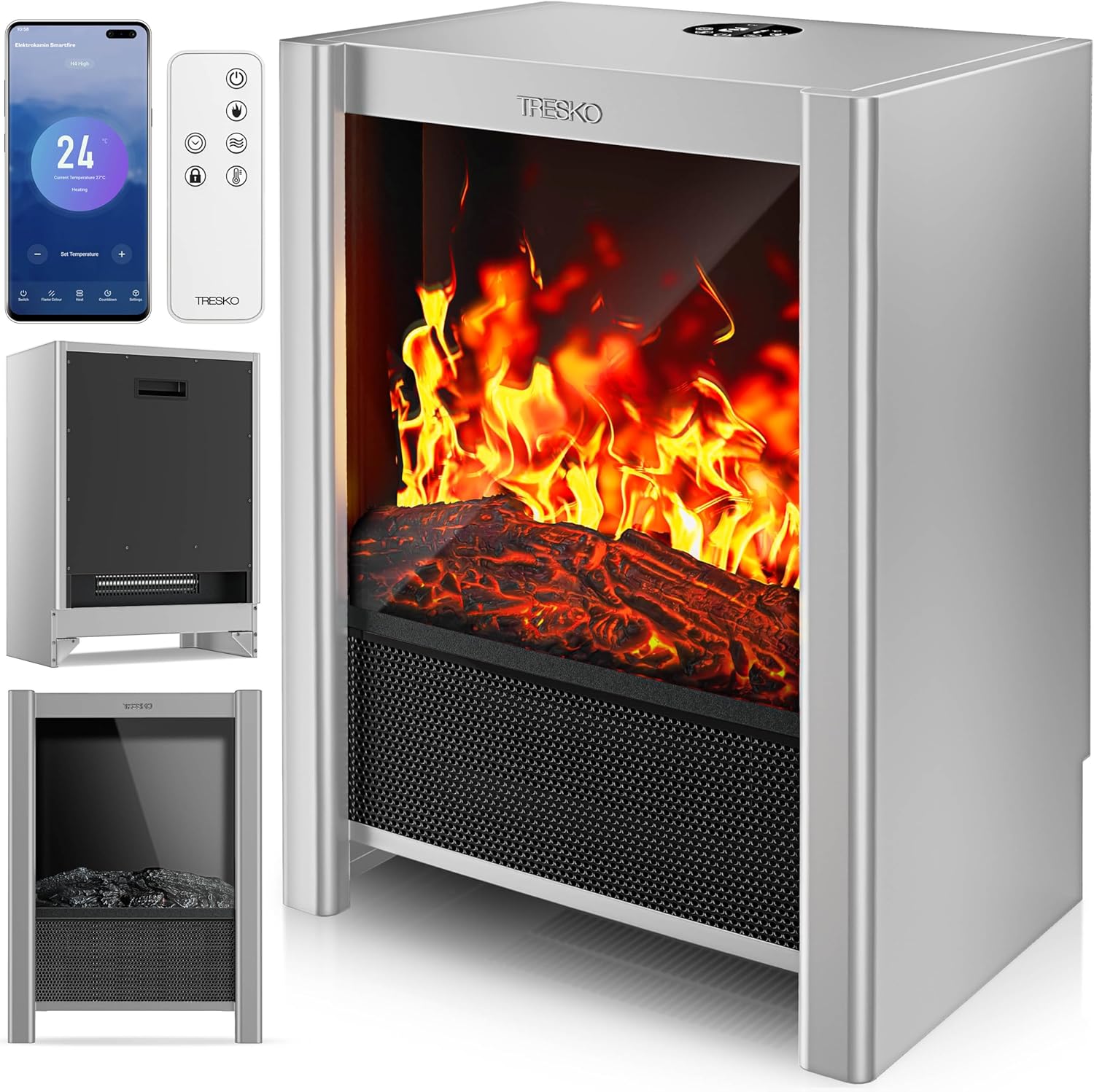 TRESKO® Elektrokamin mit Heizung & Fernbedienung 2000W, WiFi App | Kamin elektrisch LED-Flammeneffekt & LCD-Display | Kaminfeuer mit Thermostat, Timer | Elektro Kaminofen Standkamin Heizlüfter