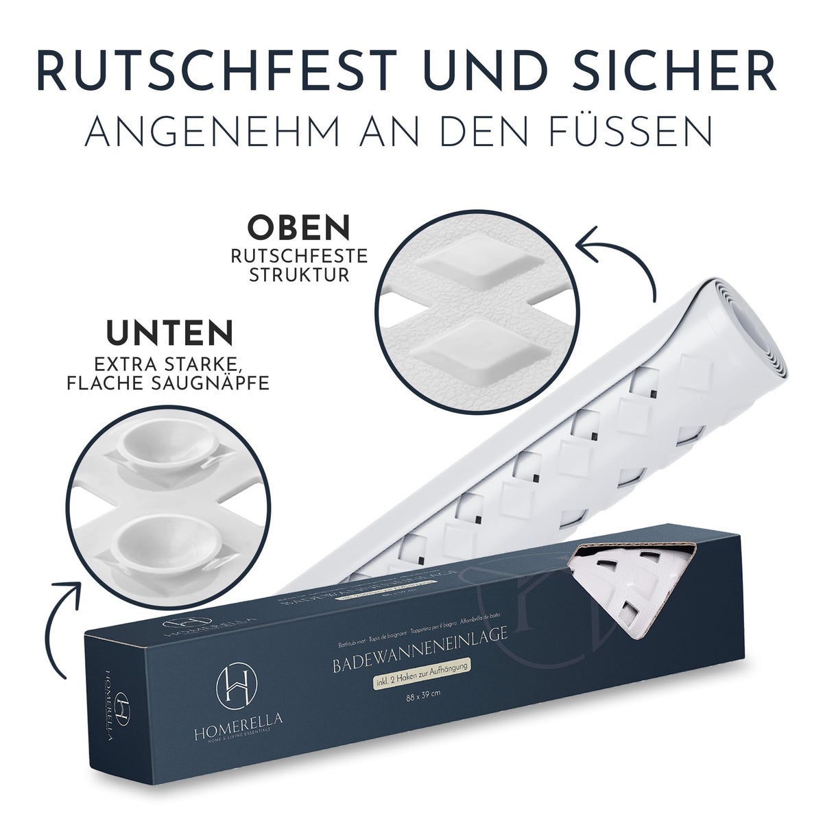Homerella Antislip Badmat, Huidvriendelijk, 88x39cm, INCL. OPHANGSTANG | Antislip Badmat, BPA-vrij | Schimmelwerende & Machinewasbare Douchemat | Antislip Badmat