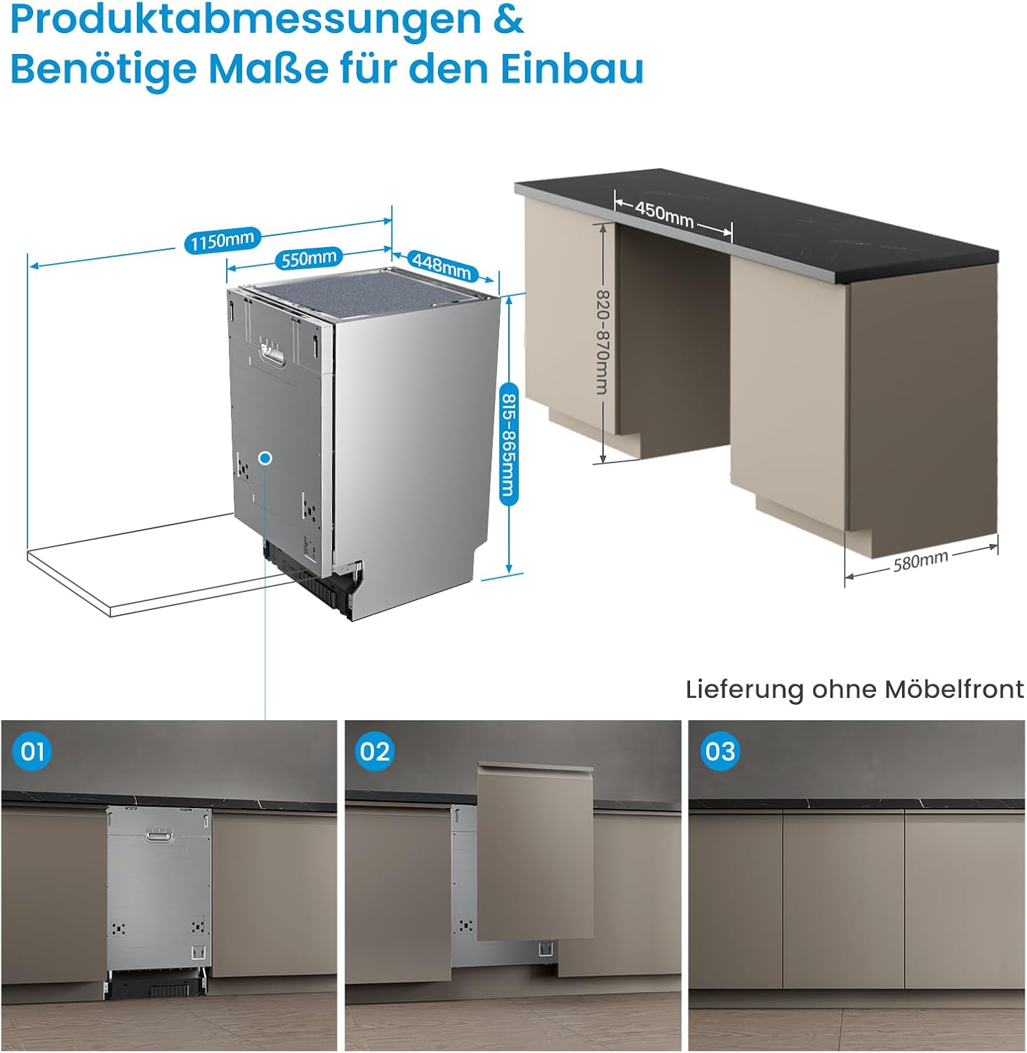 Midea MDWEB1014K Spülmaschine Vollintegriert 45 cm, 10 Maßgedecke, 8 Programme, Verstellbarer Oberkorb, LED Display, Halbe Ladung, Startverzögerung, Geschirrspüler Einbaugerät mit WIFI