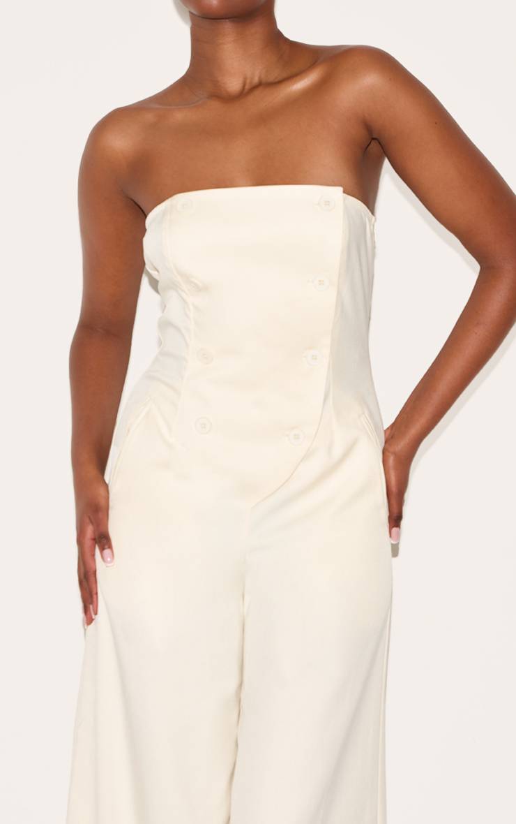 Crème Combinaison Bandeau Jambe Large Boutonnée En Tissu Tissé Ajusté