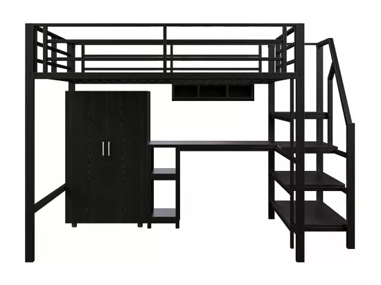 Lit en mezzanine 140*200 cm, armoire, étagères, échelle de rangement, bureau, sans matelas, noir