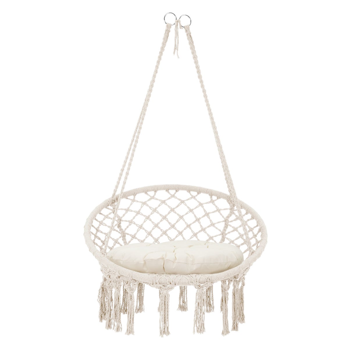 ECD Germany Hangstoel met zitkussen, beige, boho-stijl, macramémotief, katoen, Ø 60 cm, draagvermogen tot 120 kg, hangstoel met gevlochten franjes, hangstoel, hangende schommel, binnen/buiten