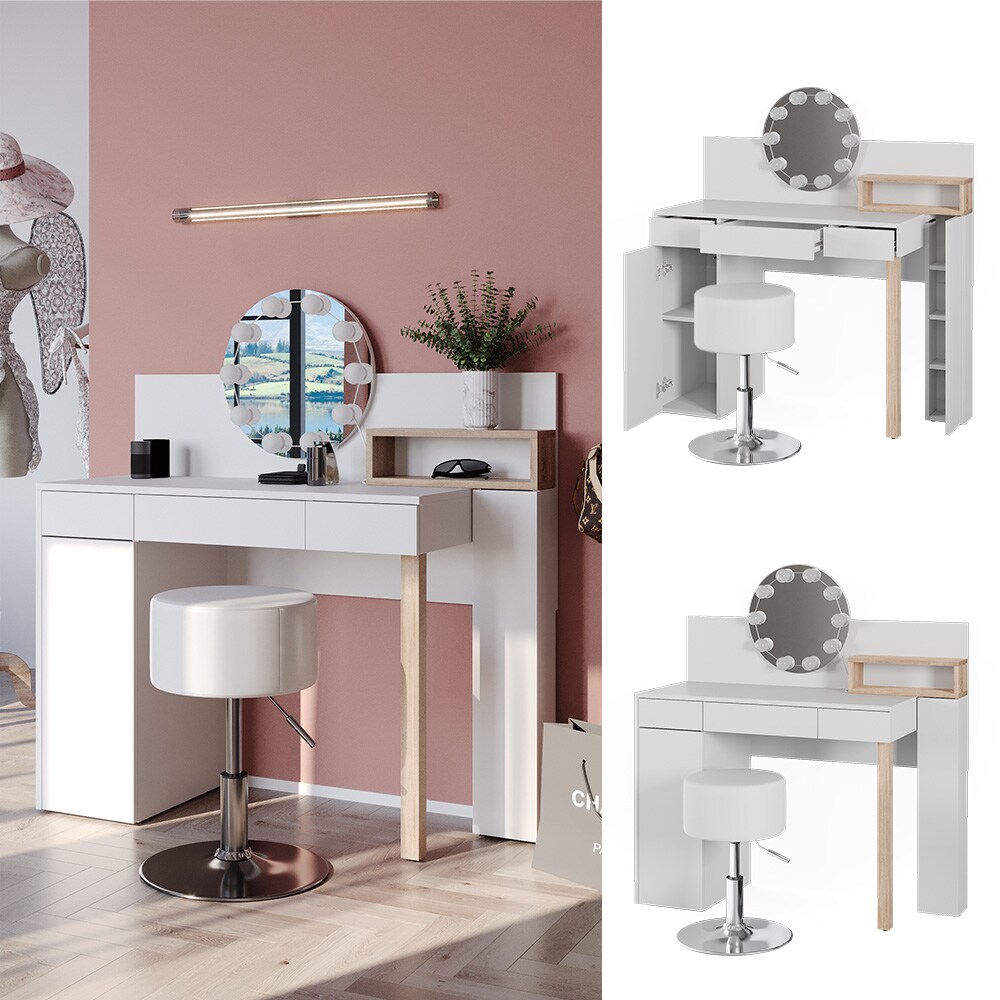 Vicco Schminktisch Olivia, weiß, Frisiertisch mit Hocker und LED-Lichterkette