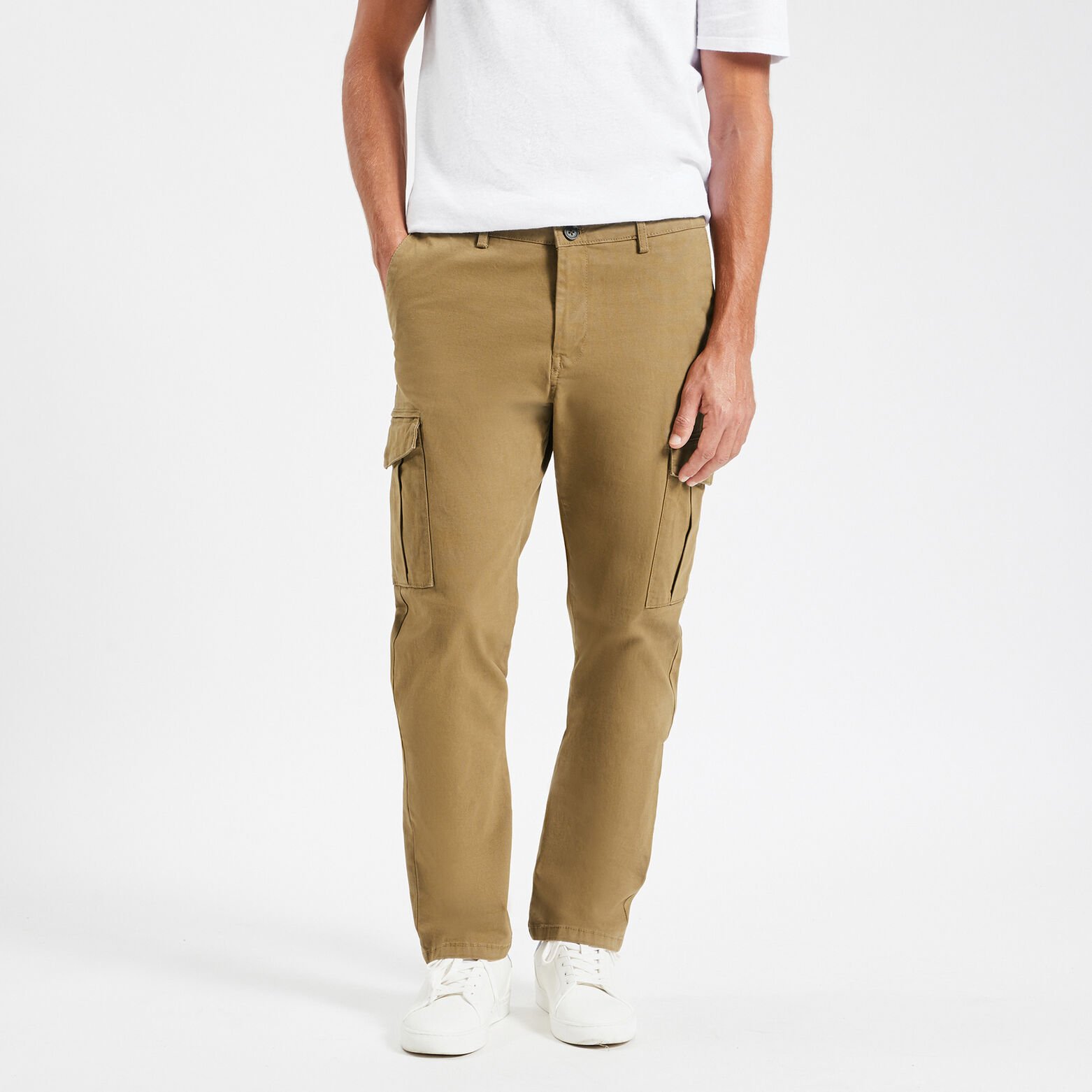Pantalon cargo droit poches côtés Beige