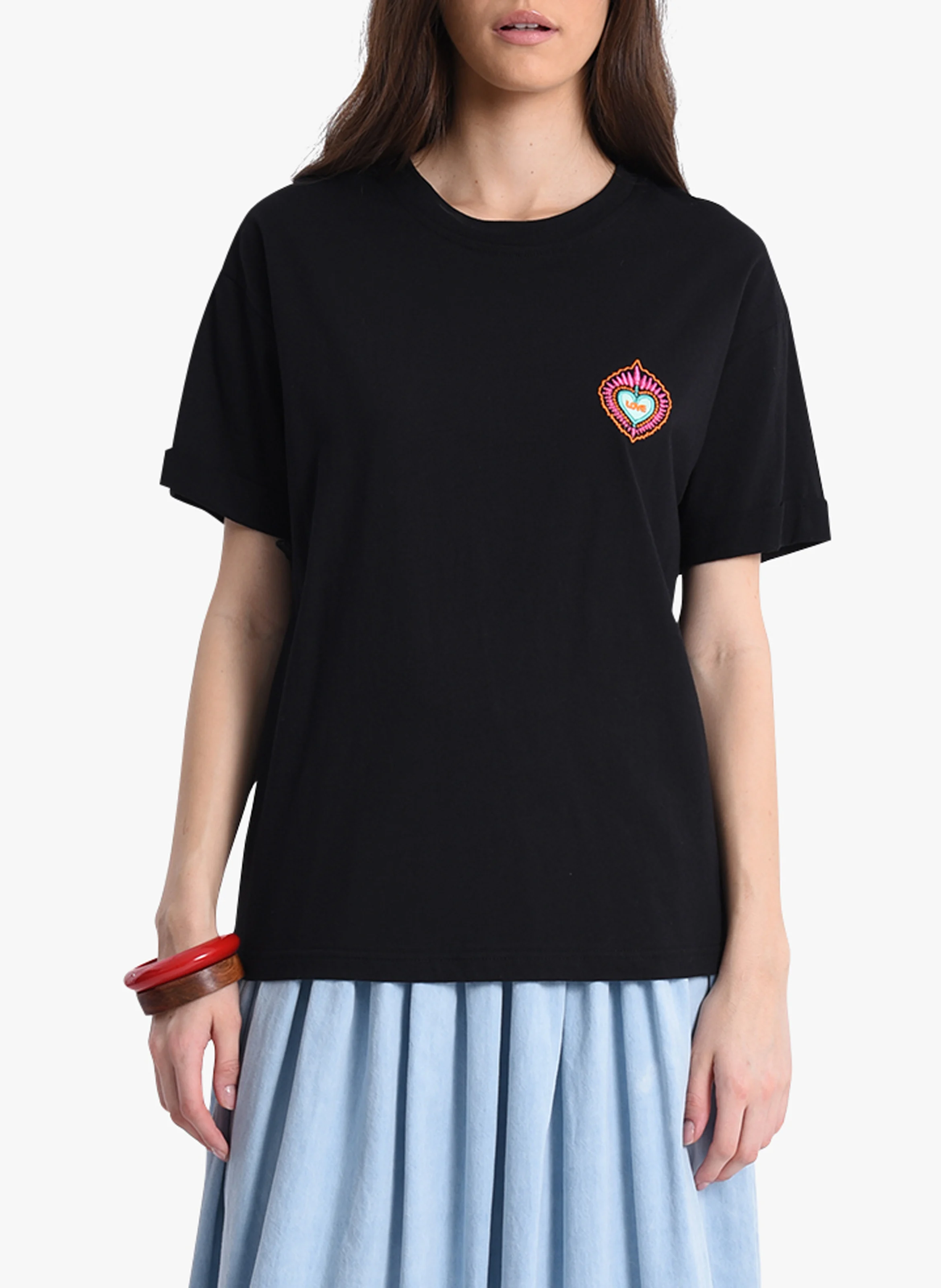 Tee-shirt col rond brodé en coton| Noir