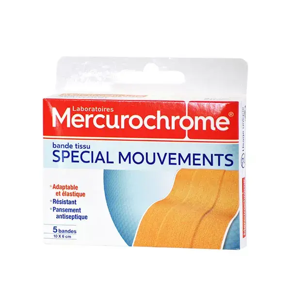 Curativo de tecido especial para movimentos com mercurocromo, 10 cm x 6 cm, caixa com 5 unidades.