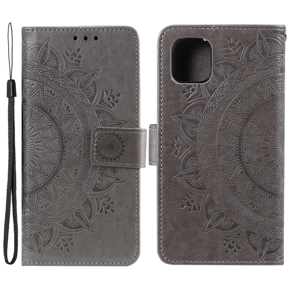 iPhone 13 Leder Tasche Wallet - Mandala Flowers Imprint - Grau
