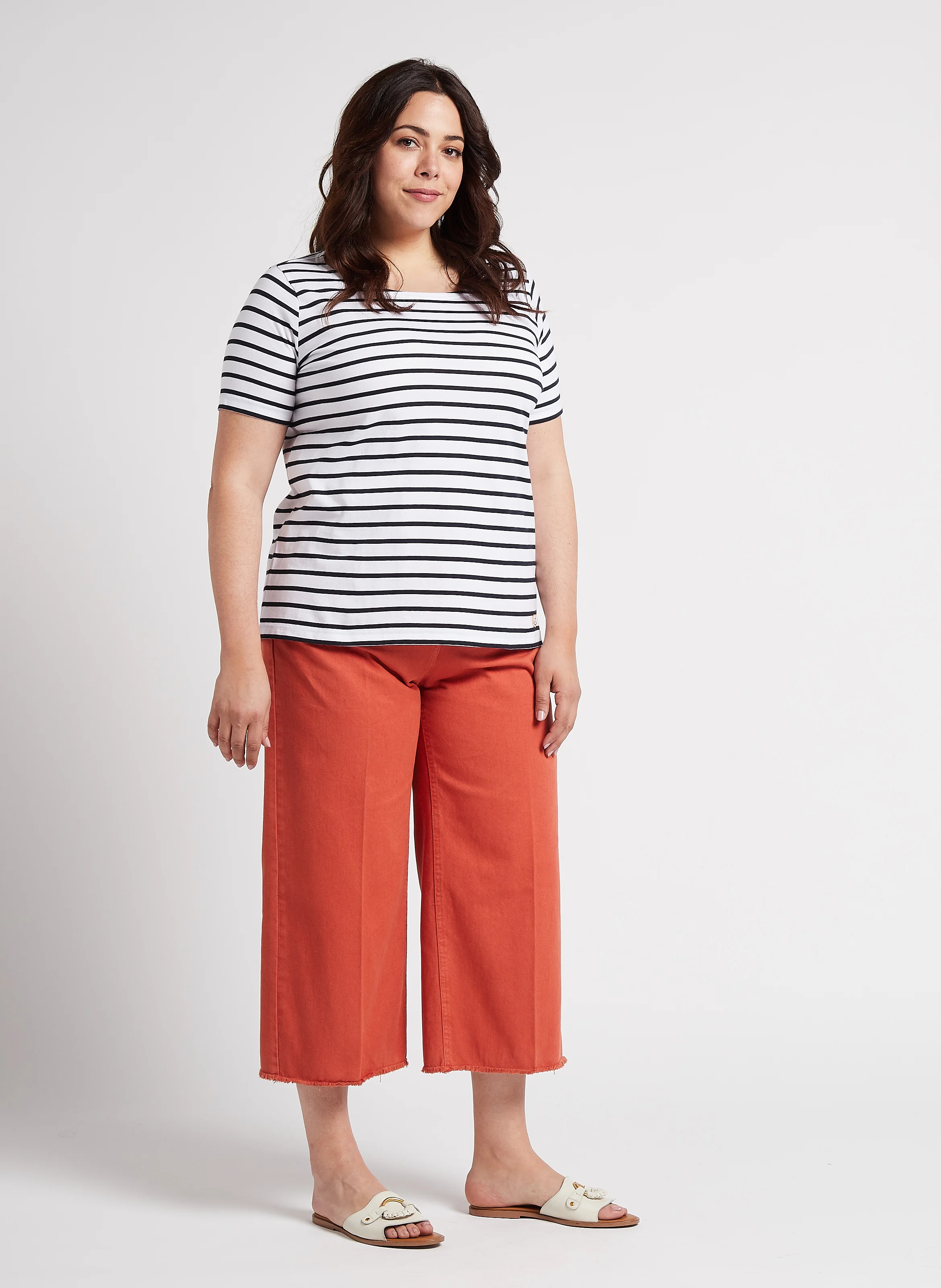 Tee-shirt col bateau rayé en coton léger | Blanc