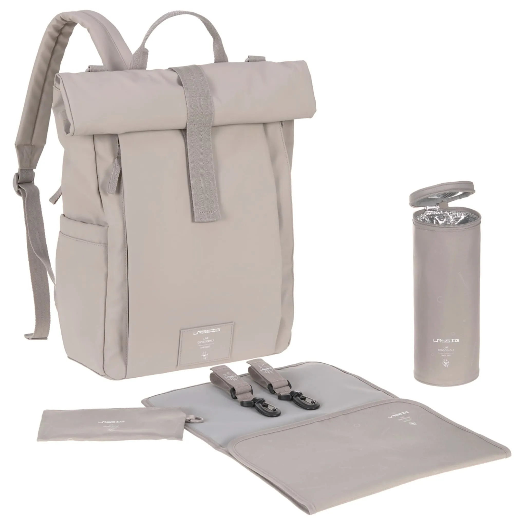 Lassig Sac à Couches à Dos Rolltop - Taupe