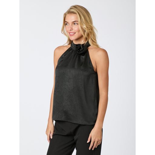 Neo Noir Rosette Crinkle Sateen Top, Black, 40