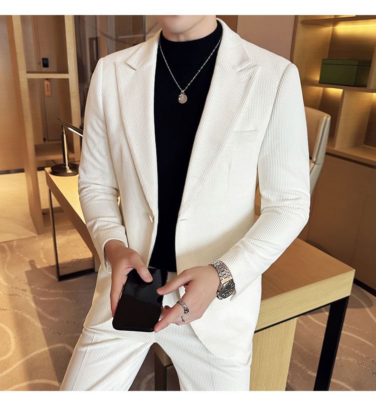 Lefitt - Set: effen corduroy blazer met één knoop + pantalon