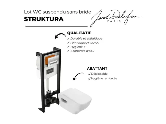 Pack WC suspendu sans bride JACOB DELAFON Struktura+ bâti-support + plaque Chrome + accessoires