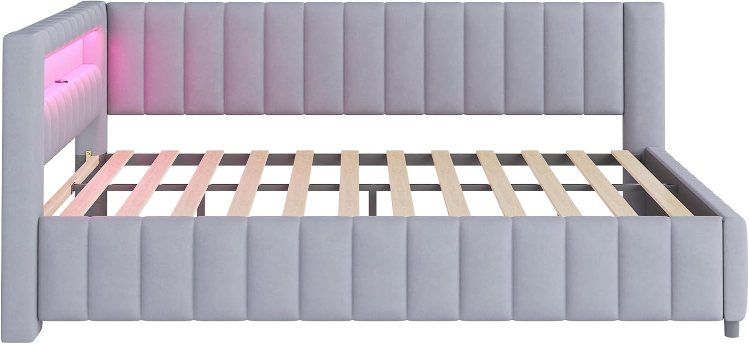 ANIROY L-förmige Schlafsofa 140x200cm, Samtstoff Polsterbett Daybett Sofabett mit LED und USB, Doppelbett Bettgestell mit Lattenrost und Rückenlehne (Hellgrau A)