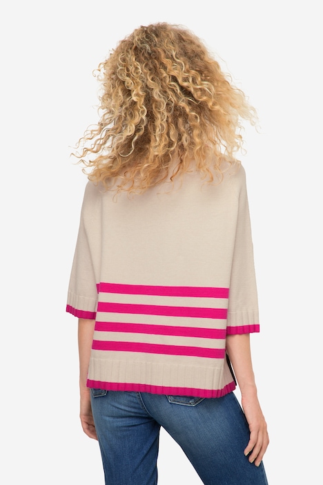 Pullover, Stehkragen, 3/4-Ärmel, Ringel am Saum