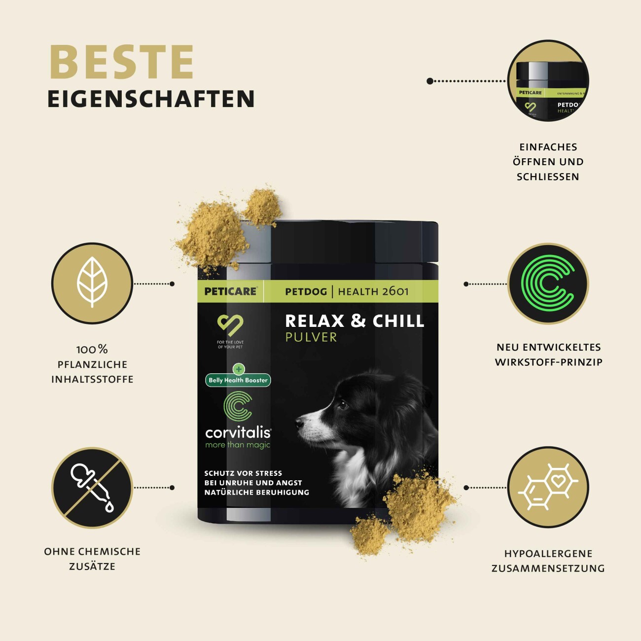 Peticare Relax-Mix Pulver für Hunde, beruhigendes Ergänzungsfutter-Mittel