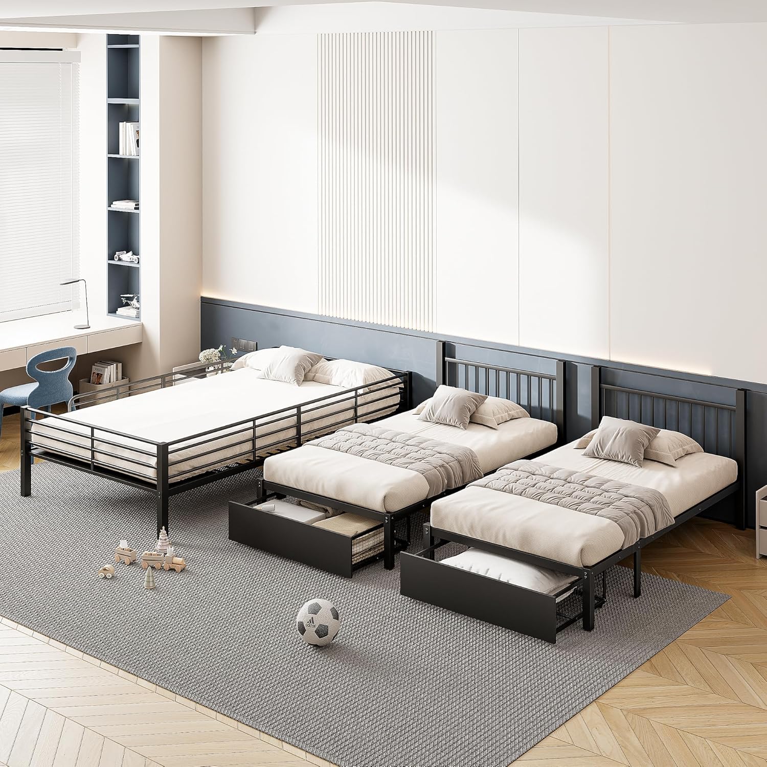 Soweiz Dreifaches Etagenbett mit Schubladen, Metallbettrahmen, umwandelbar in 140 x 200 Doppelbett und Zwei 90 x 200 Einzelbetten, multifunktionales Metallrahmenbett (Schwarz)
