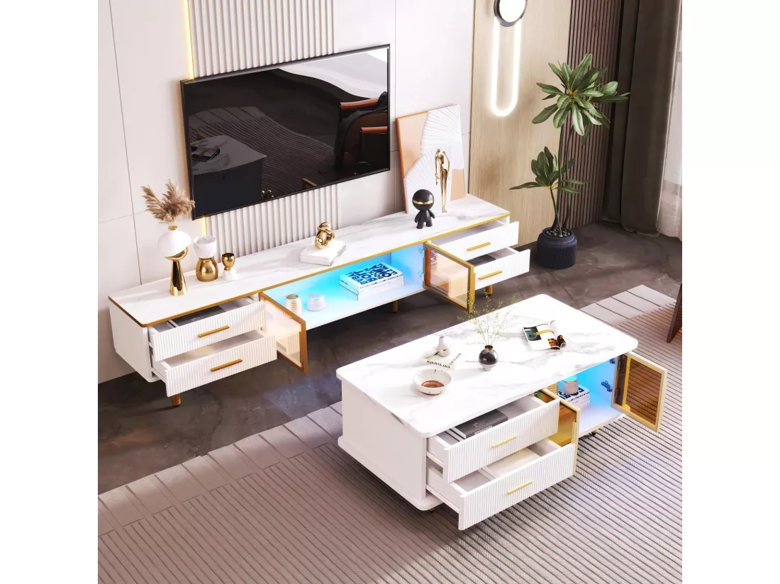 Ensemble Table basse + Meuble TV avec LED 4 tiroirs et 1 niches, plateau de table avec structure en marbre