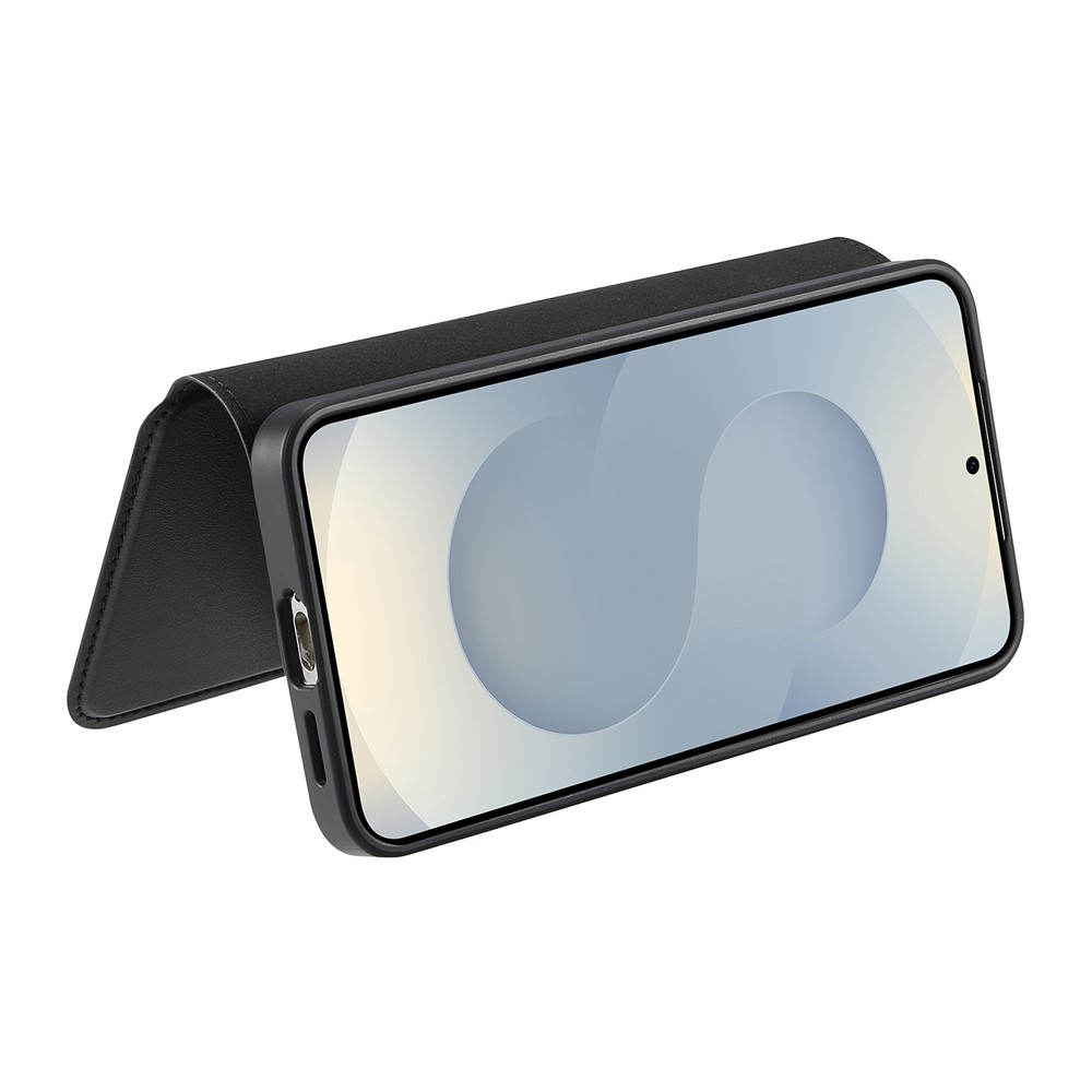 Samsung Galaxy S25 Leder Case Schutzhülle mit Finger Griff Halterung   Abnehmbare Tasche inkl. Kartenfächer MagSafe-Modul (RFID Schutz) - Schwarz