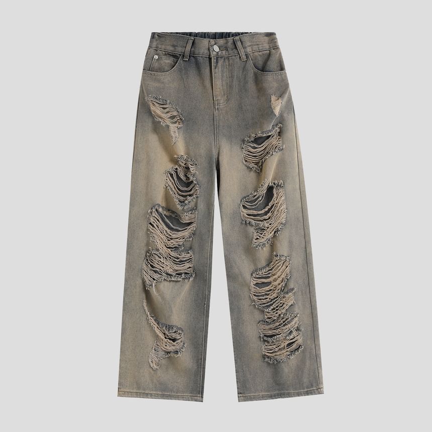 INStudio - Matching Mid Rise Washed Distressed Wide Leg Jeans voor koppels