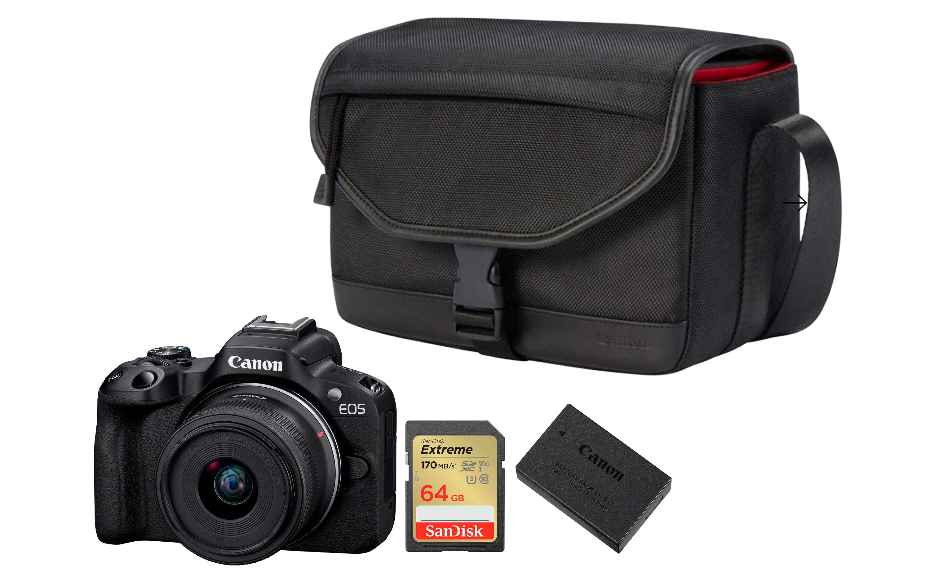Fotokamera EOS R50 inkl. RF-S 18-45 IS STM Zugabe Kit<br>Systemkamera der Einstiegsklasse mit Objektiv, Speicherkarte, Tasche und Akku