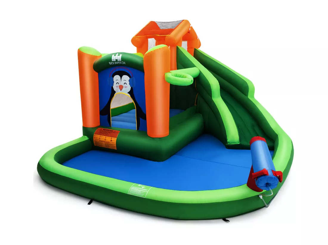 Château Gonflable avec Toboggans Aquatiques, Aire de Jeux Gonflable Piscine avec Motif de Boisgouin, Canon à Eau, Panier de Basket-Ball 3 à 10 Ans Vert Sans Souffleur 680W