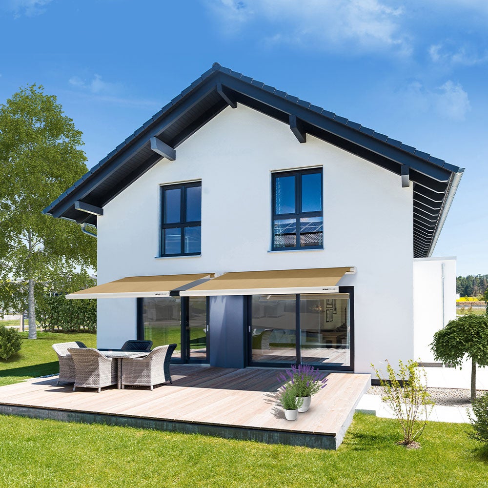 Home Deluxe - LED Full Cassette Zonnescherm ELOS - Zandkleurig, 350 x 250 cm - incl. wind- en zonsensor, afstandsbediening, handslinger, bevestigingsmateriaal | Terrasoverkapping, zonwering, windscherm