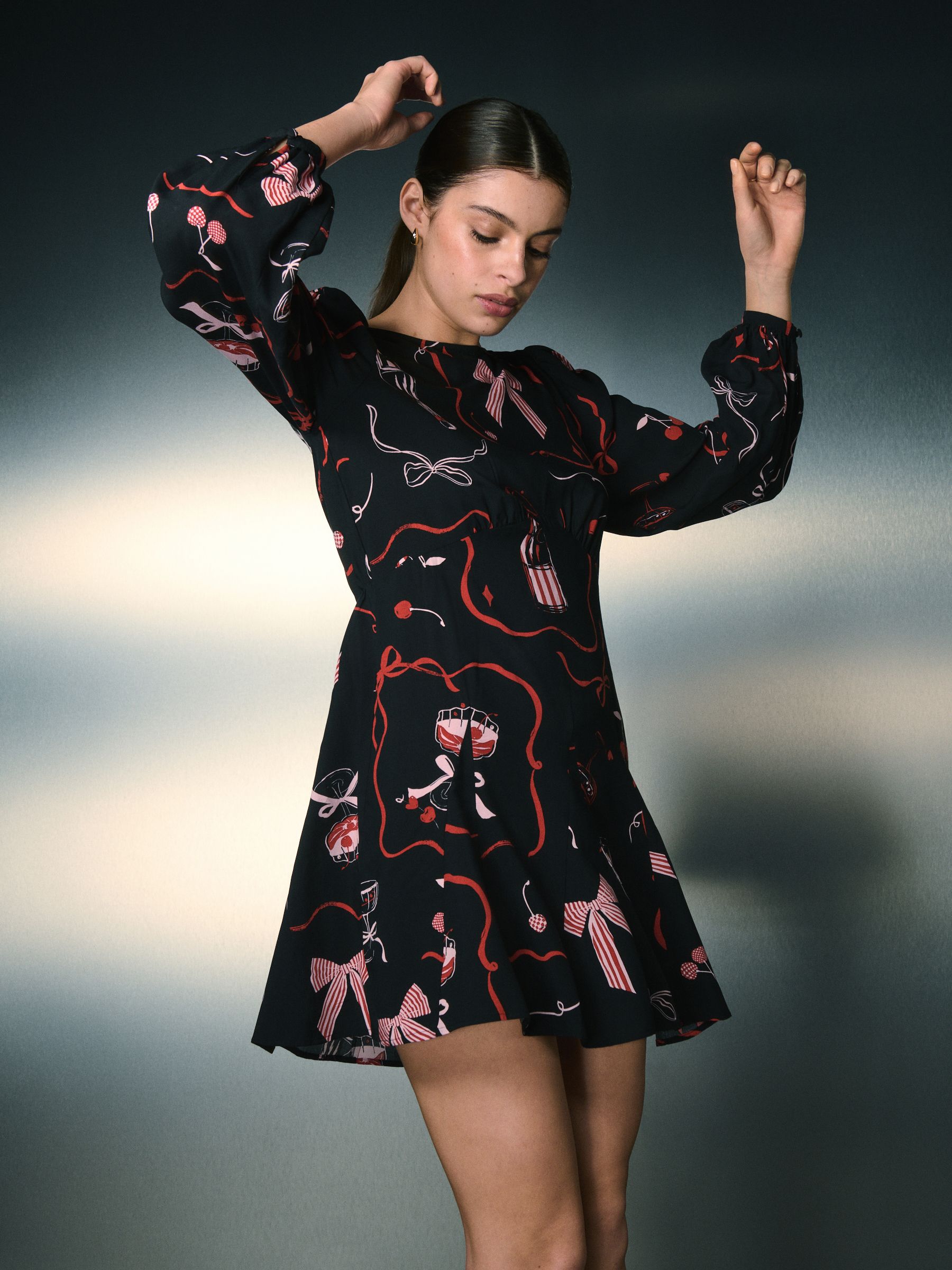 Black/Pink Bow Print - Mini Long Sleeve A-Line Seam Detail Dress