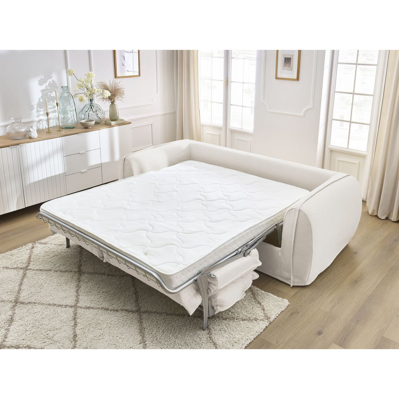 Bobochic Canapé droit convertible express 3 places Archimède 160 beige - 236x106x93 cm