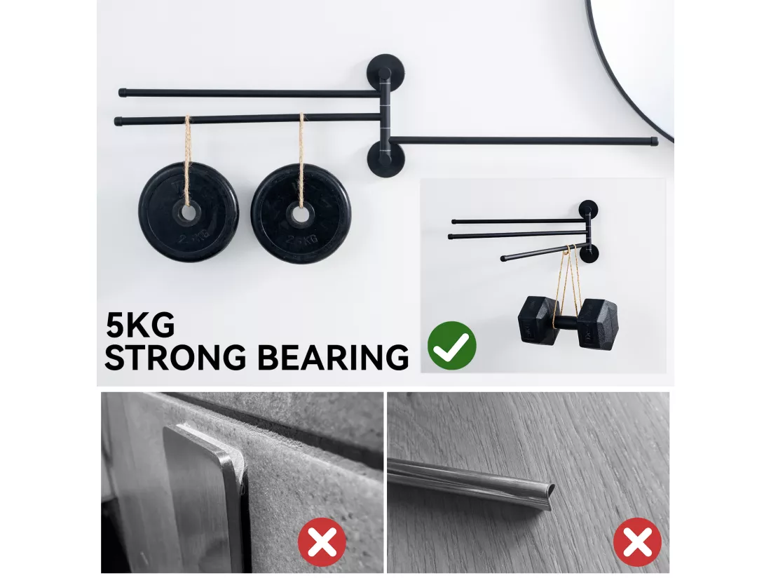 2pcsAuralum max Porte-Serviettes avec 3 Barres 180°Rotatives,Inox 304 Porte Serviette Murale Sèche-Serviettes pour Salle de Bain Cuisine-Noir(40CM)
