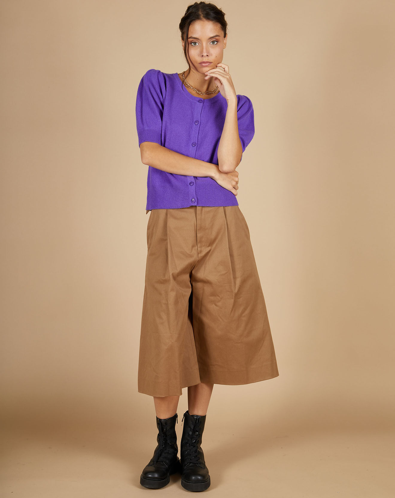 Cashmere Tribu Cardigan 100% Cachemire Claire manches ballon violet