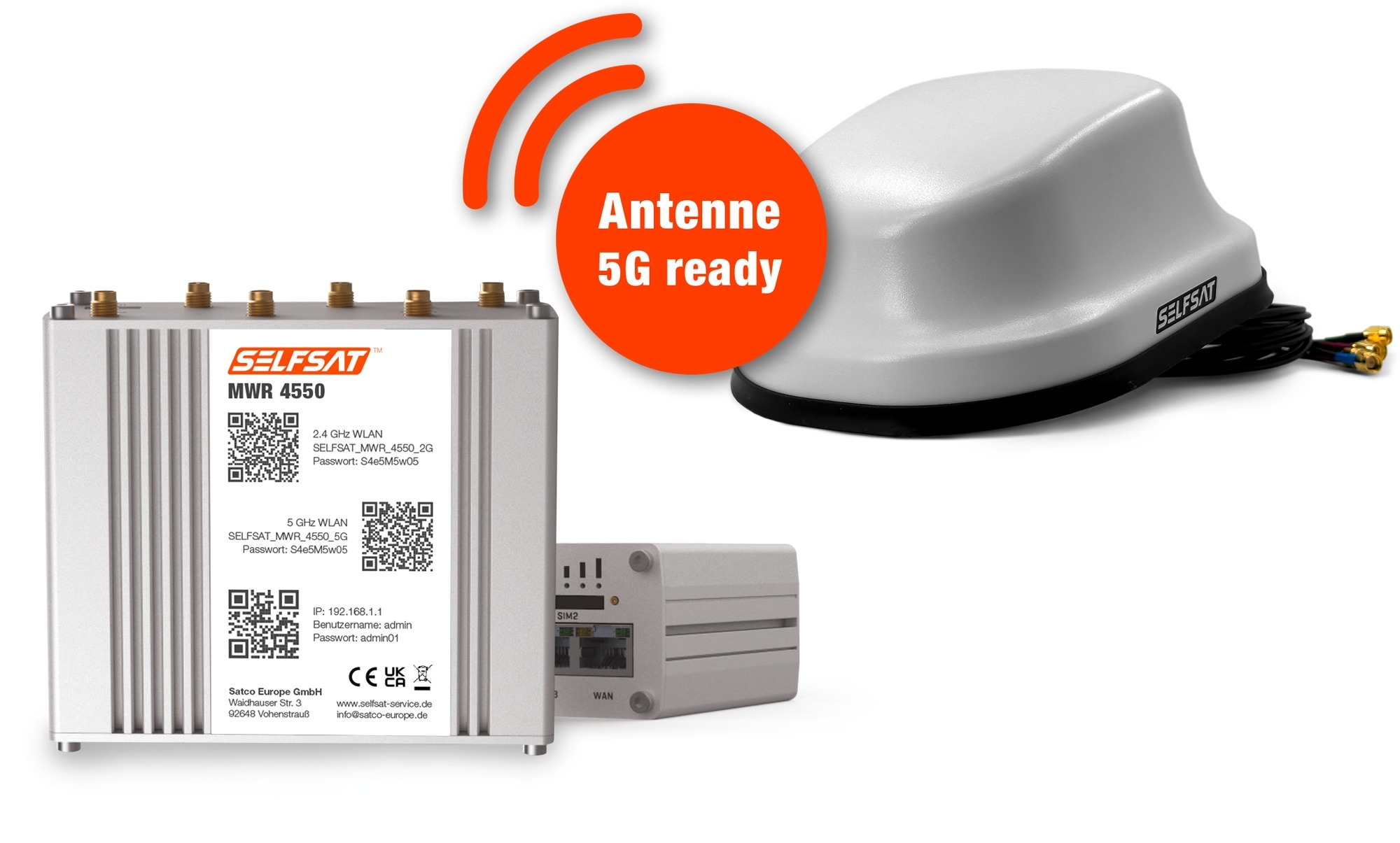 Selfsat 4G / LTE & WLAN Internet Router MWR 4550 Komplettset bis 300 Mbps inkl. 4G / 5G ready Dachantenne weiß