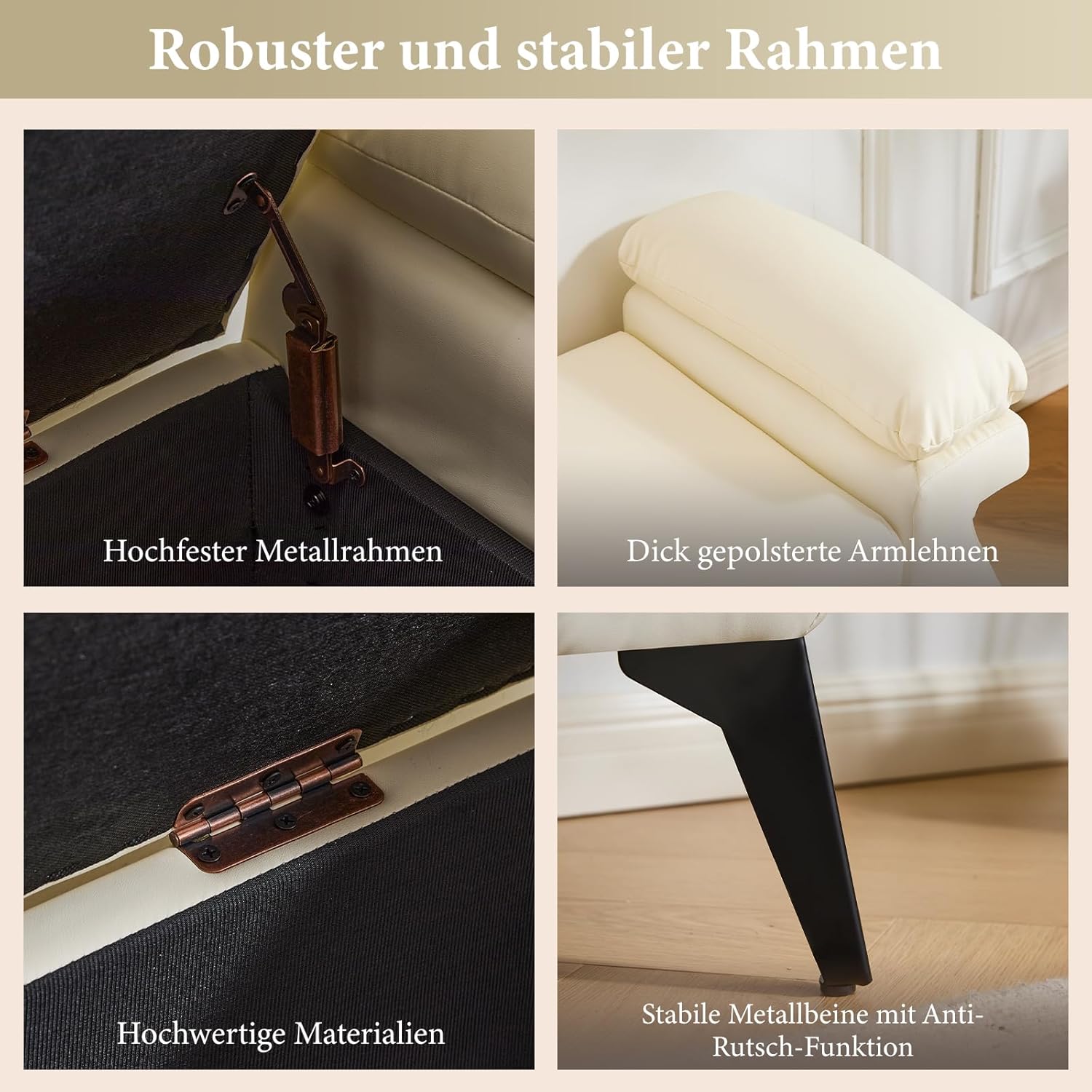 Sitzbank mit Stauraum 128cm, Große Aufbewahrungsbank mit Kissen, Fußbank, Bettbank, Sitztruhe mit Armlehnen aus PU-Kunstleder für Wohnzimmer Schlafzimmer Flur, Schuhbank, Beige