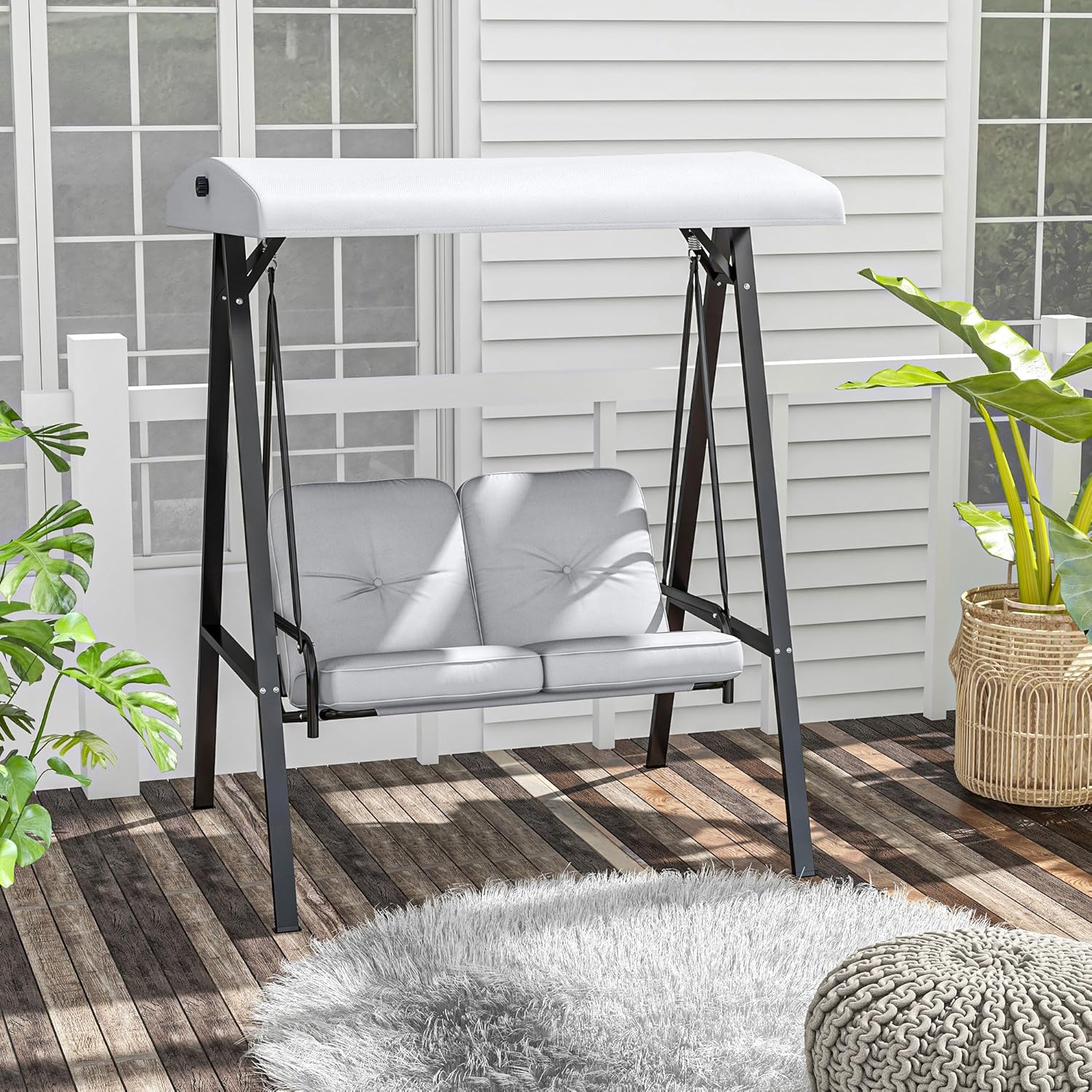 Outsunny Hollywoodschaukel 2-Sitzer Gartenschaukel mit Verstellbarem Dach, Kissen, Schaukelbank bis 220 kg Belastbar, für Garten, Balkon, Grau, 145 x 116 x 172 cm
