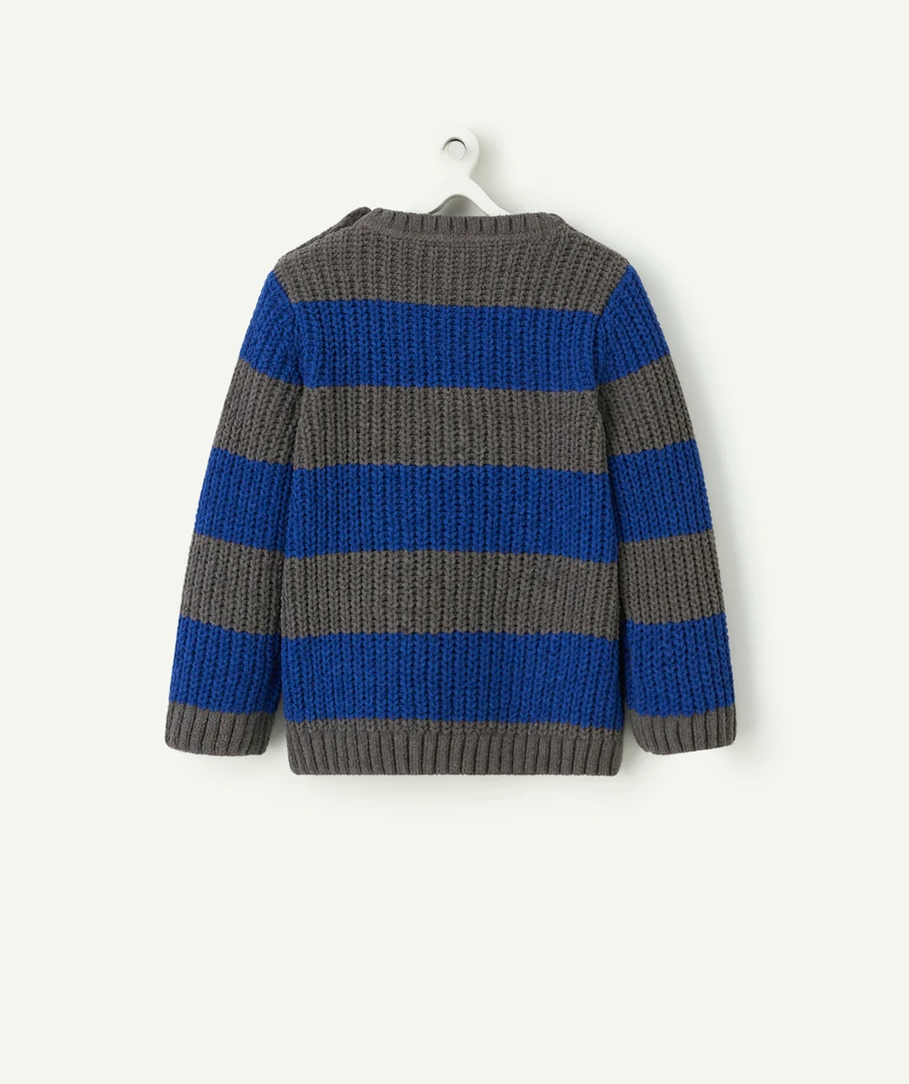 PULL TRICOT BÉBÉ GARÇON EN FIBRES RECYCLÉES RAYÉ GRIS ET BLEU