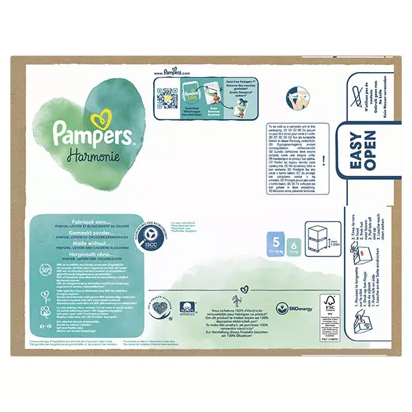 Fraldas Pampers Harmonie Maxi Pack T5 (11-16 kg) com embalagem de papel reciclável
