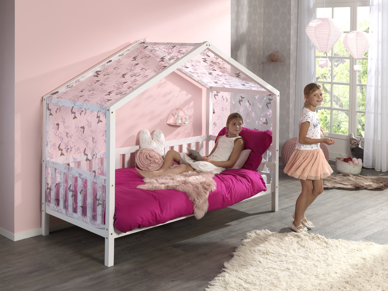 Hausbett DALLAS - weiß - Kiefer massiv - 90x200 cm - Textilhimmel