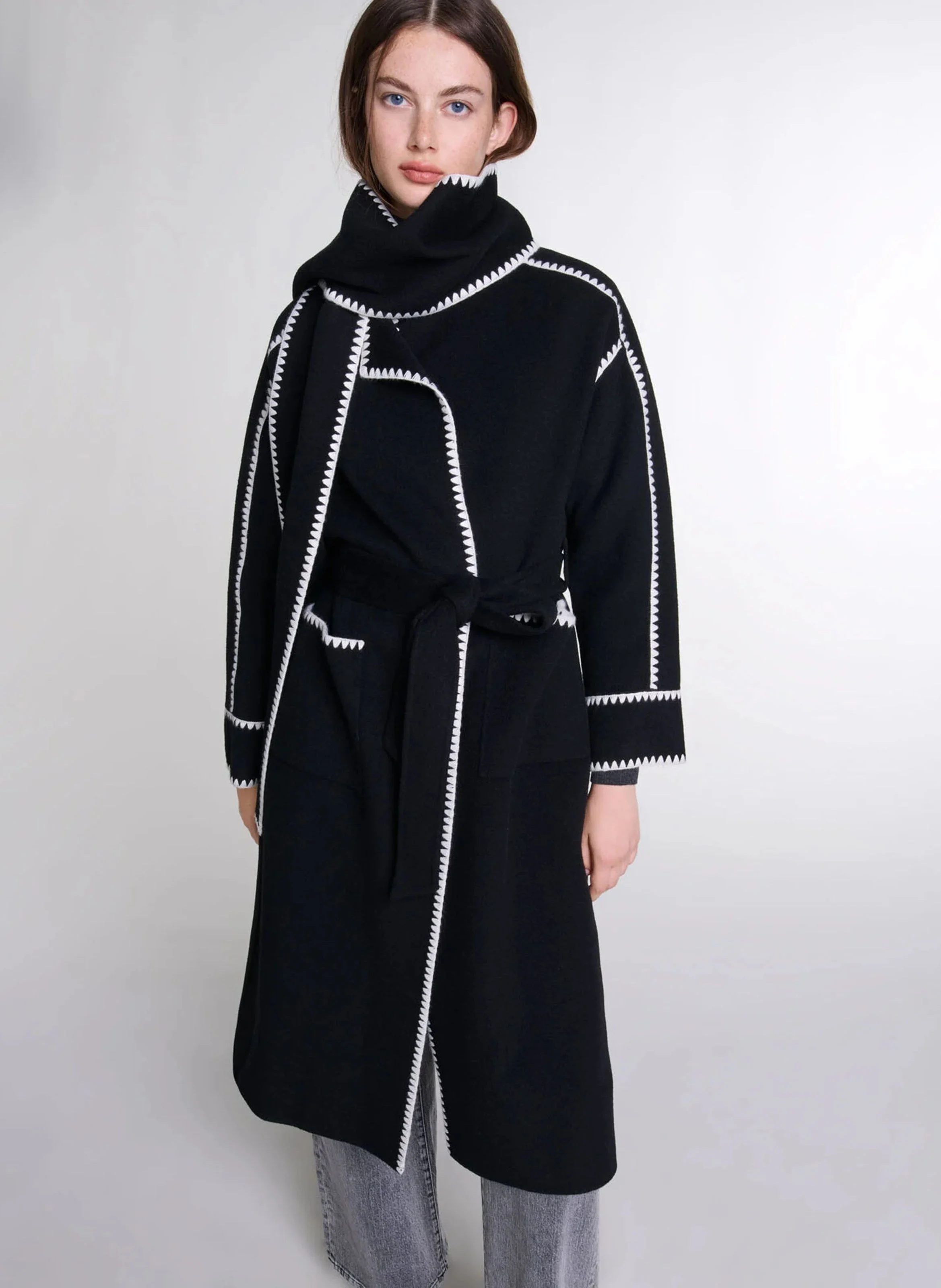 Manteau col tailleur en laine mélangée | Noir