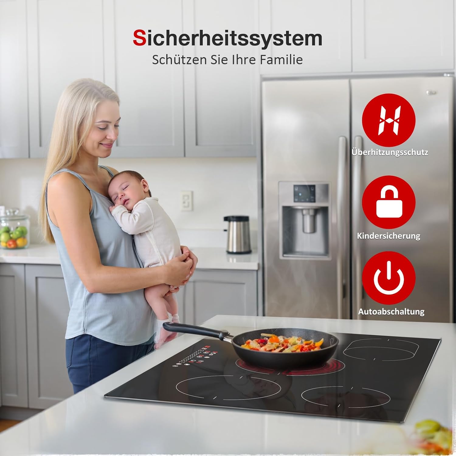 Glaskeramikkochfeld, Cerankochfeld 5 Platten 77cm, Kochfelder 8600W, 9 Stufen, Touch-Bedienung je Zone, Automatische Abschaltung, Glaskeramik Kochfeld für Alle Töpfe und Pfannen Geeignet