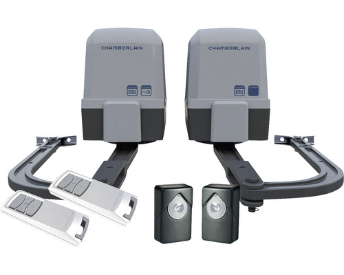 Chamberlain CHAA250EVC draaipoortaandrijving voor draaipoorten, inclusief 2 x design afstandsbedieningen, 1 x infrarood fotocel en 2 x 2 sleutels voor noodontgrendeling.