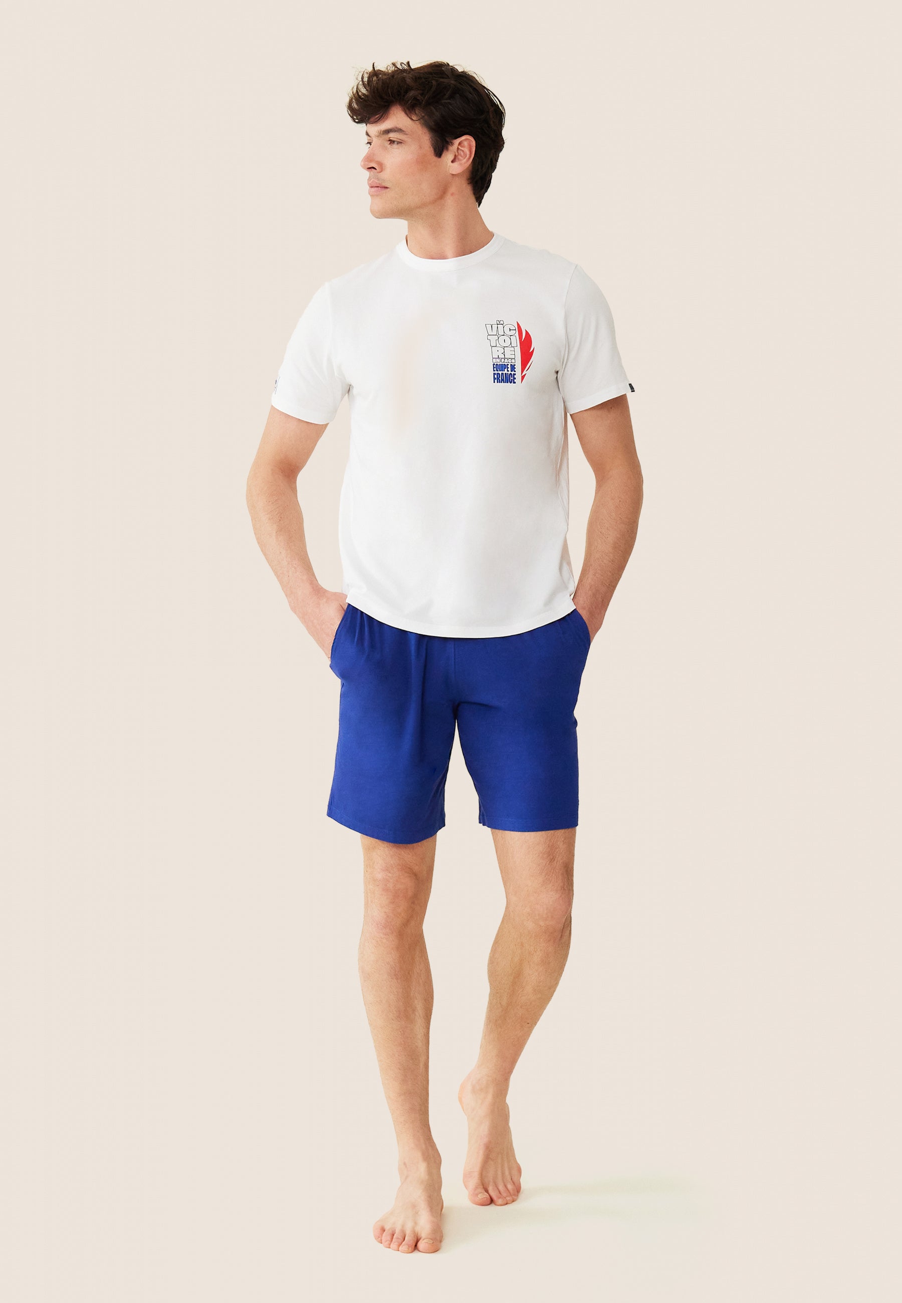 Ensemble pyjama t-shirt et short en coton-Ensemble Pyjama Equipe de France Blanc Indigo