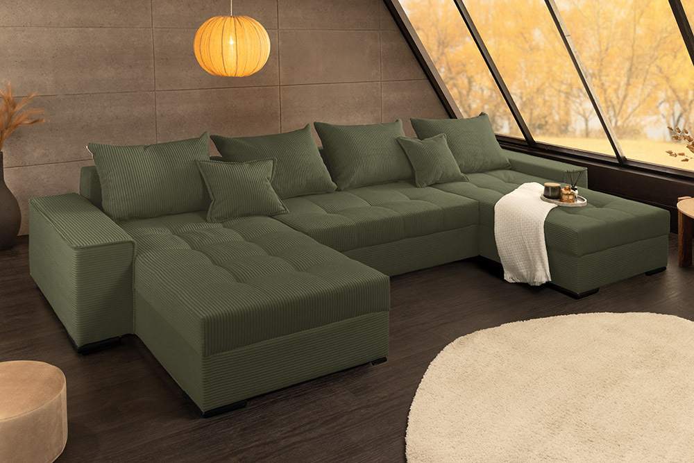 XXL Wohnlandschaft LODGE 315cm grün Cord Sofa mit Schlaffunktion und Stauraum