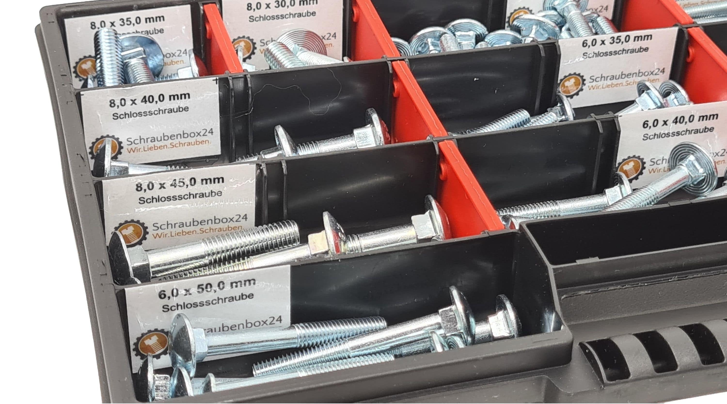 Flachkopfschrauben Sortiment M5-M6-M8 // 30mm-60mm 115 tlg. Schraubenbox DIN 603 Bolzen Vollgewindeschrauben Maschinenschrauben Gewindeschrauben Flachkopfschrauben